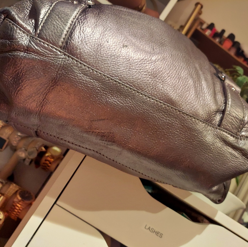Michael Kors Fulton Metallic Dark Grey Leather Top Handle Bowler Bag Pur… - Picture 5 of 16